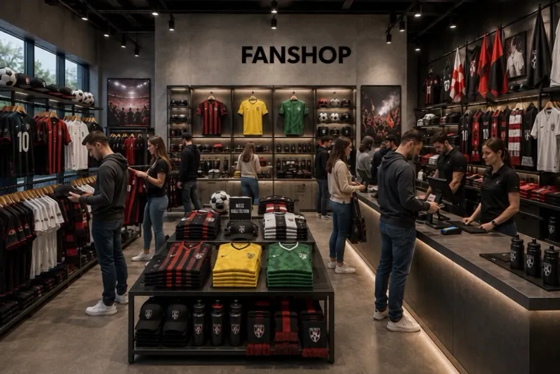 Der Fanshop des Vereins: Trikots an den Wänden, Kunden an der Kasse.