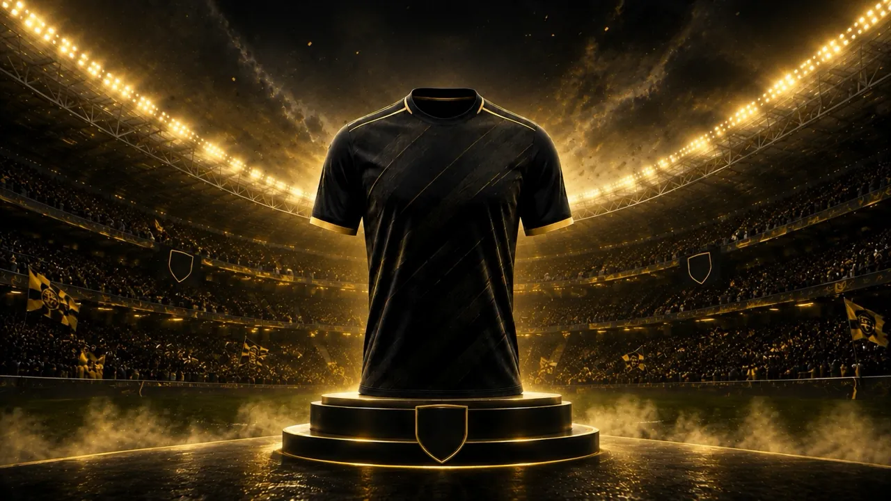 Ein schwarzes Trikot auf einem Podest im goldenen Scheinwerferlicht des Stadions.