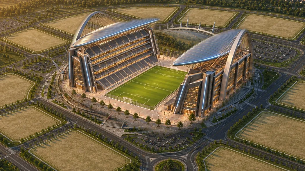 Stadion-Skin „Arena Flügeldach“: zwei geschwungene Dächer über den Längstribünen, eingebaut auf dem Vereinsgelände.