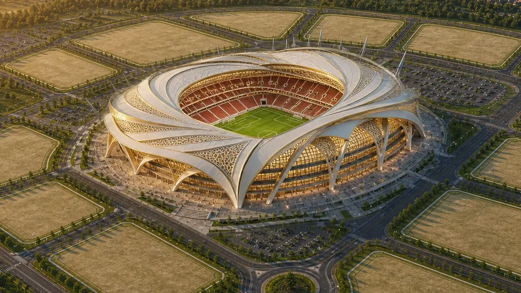 Stadion-Skin „Arena Geflochten“: weiße, geschwungene Dachbögen, eingebaut auf dem Vereinsgelände.