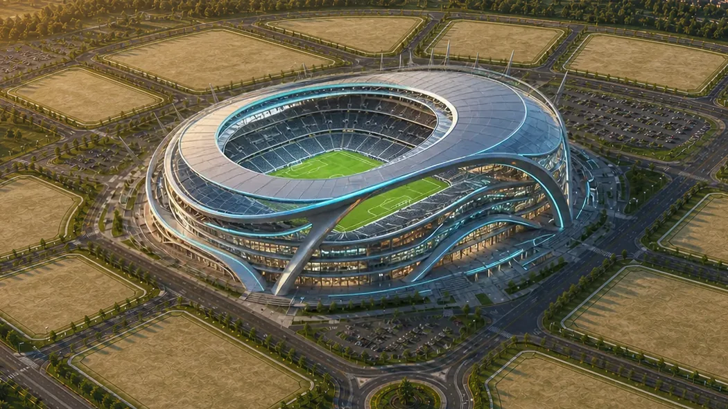Stadion-Skin „Arena Offen“: offenes Oval mit blau leuchtendem Rand, eingebaut auf dem Vereinsgelände.